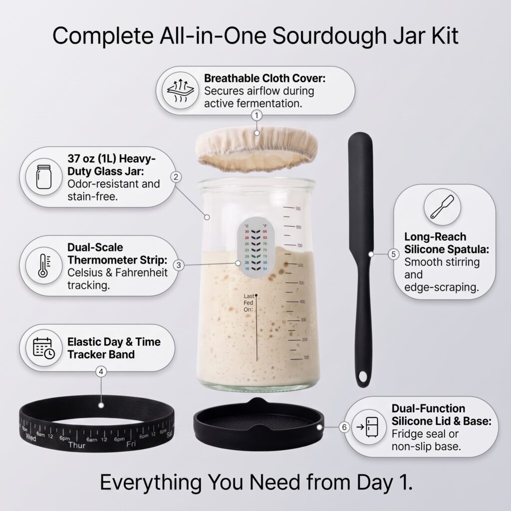Complete all-in-one sourdough jar kit with cloth cover, glass jar, thermometer strip, tracker band, spatula and silicone lid